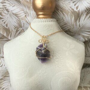 Amethyst Rough Cut Wire Wrapped Pendant Necklace NEW